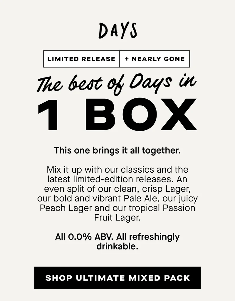Limited release + nearly gone  This one brings it all together.  Mix it up with our classics and the latest limited-edition releases. An even split of our clean, crisp Lager, our bold and vibrant Pale Ale, our juicy Peach Lager and our tropical Passion Fruit Lager.  All 0.0% ABV. All refreshingly drinkable.