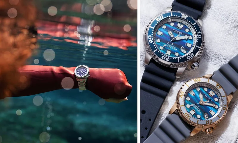 Image of a diver wearing  a 37mm Promaster dive EO2027-50X and close up of BN0167-09W BN0167-09W and the 36.5mm Promaster DiveEO2023-00W