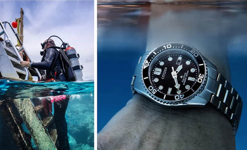 Image of a scuba diver going into the water and a close up of the Promaster Dive BN0261-51E