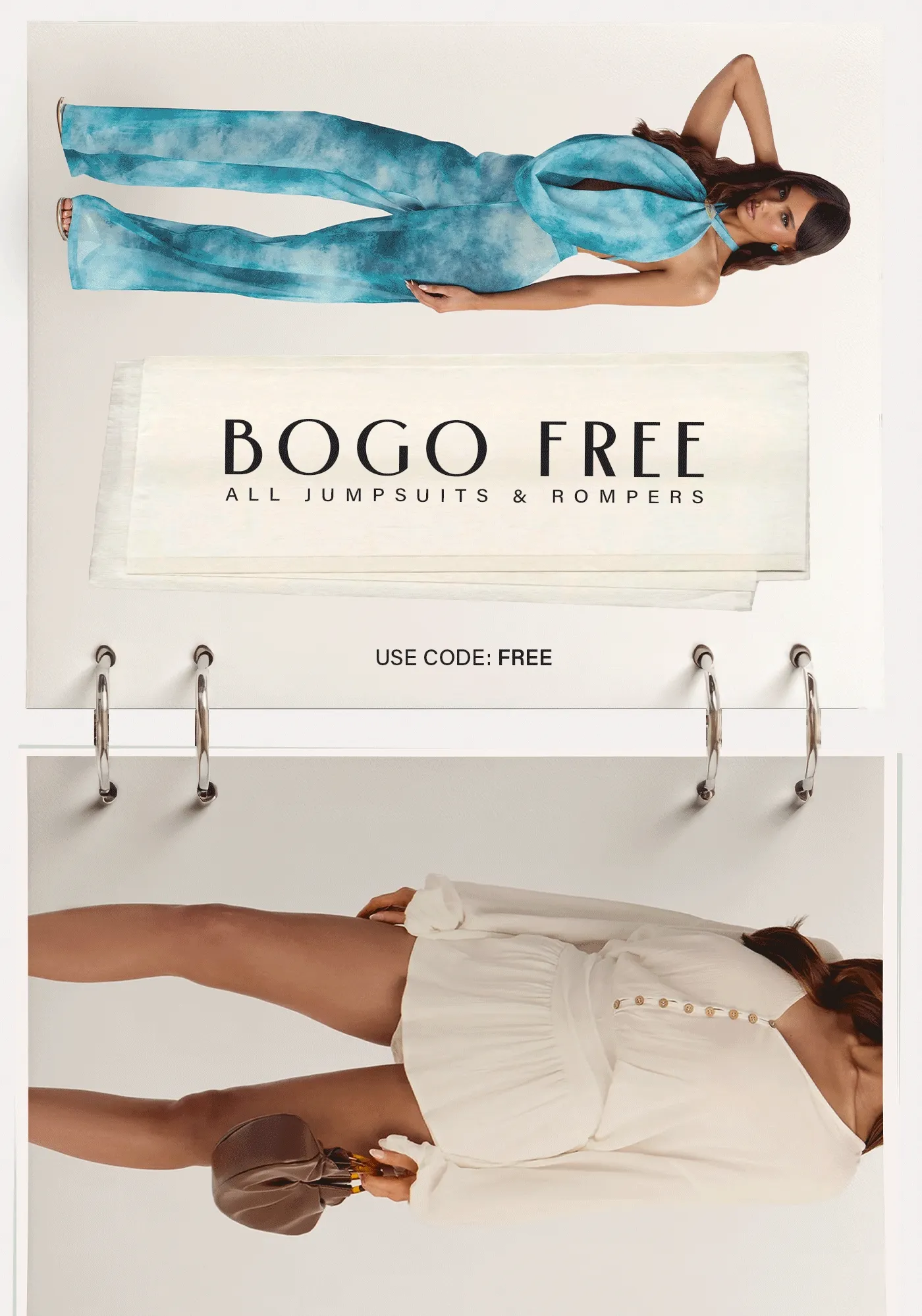 Stylish models present a blue tie-dye jumpsuit and white romper. Shop the BOGO FREE sale on all jumpsuits & rompers with code FREE.