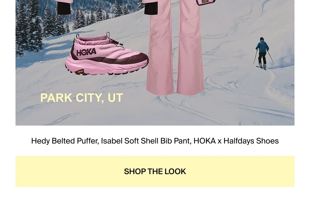 Hedy Belted Puffer + Isabel Soft Shell Bib + HOKA x Halfdays Shoes in Amethyst