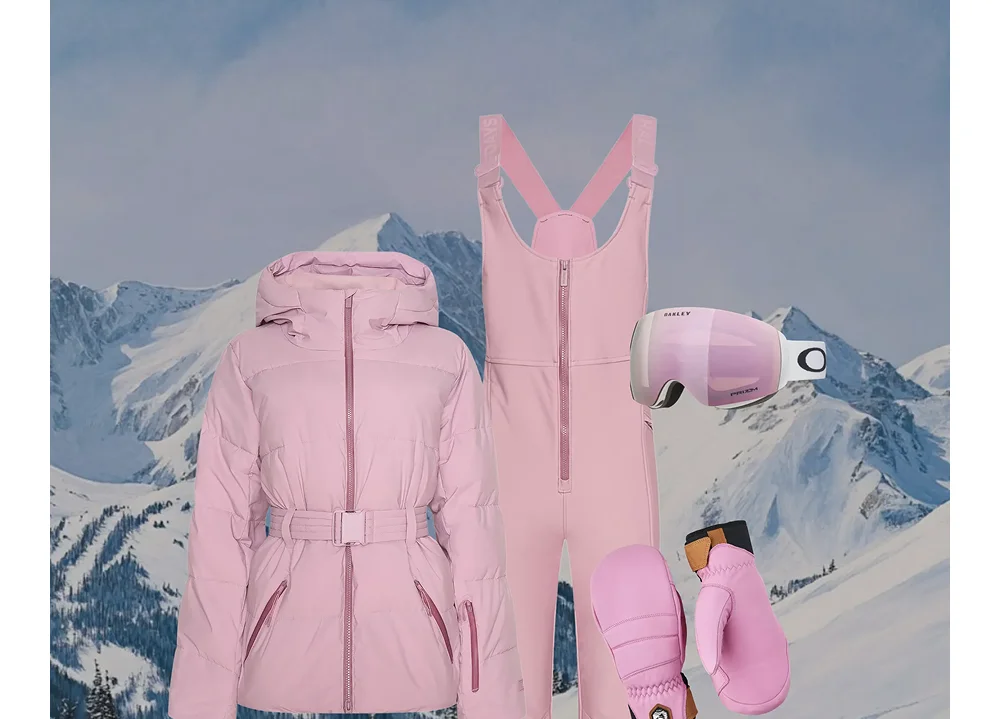 Hedy Belted Puffer + Isabel Soft Shell Bib + HOKA x Halfdays Shoes in Amethyst