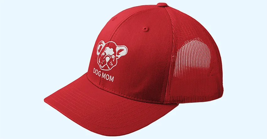 Red and white trucker hat with custom embroidery