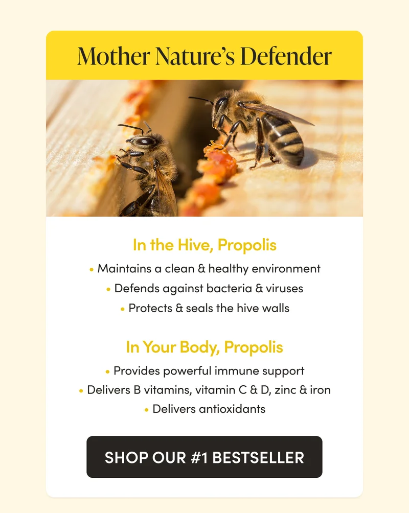 Mother Nature’s Defender    In the Hive, Propolis Protects & seals the hive walls  Defends against bacteria & viruses  Maintains a clean & healthy environment   In Your Body, Propolis Provides powerful immune support Delivers antioxidants  Delivers B vitamins, vitamin C & D, zinc & iron