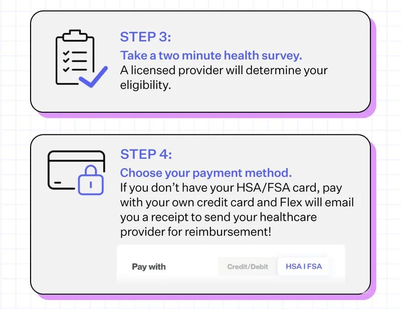 Step 3: Take a two minute health survey. A licensed provider will determine your eligibility. | Step 4: Choose your payment method. If you don't have your HSA/FSA card, pay with your own credit card and Flex will email you a receipt to send your healthcare provider for reimbursement!