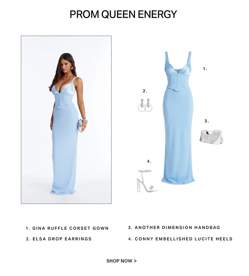 Model in a light blue Gina Ruffle Corset Gown, silver drop earrings, handbag, & heels. The ideal prom dress outfit for formal elegance. Shop now!