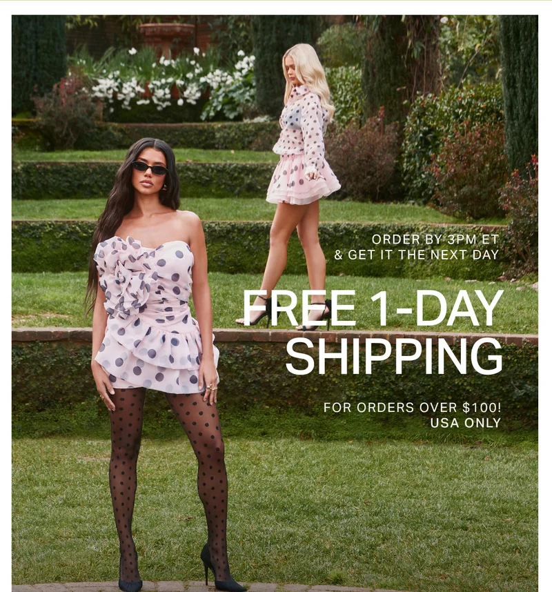 Two models showcase pink polka dot ruffle fashion and sheer tights in a garden. Shop new women's apparel with free 1-day shipping.