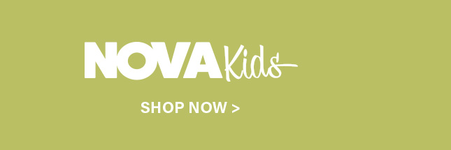 White "NOVA Kids" logo on a lime green banner with a "SHOP NOW >" button, promoting stylish children's apparel and kids' fashion.