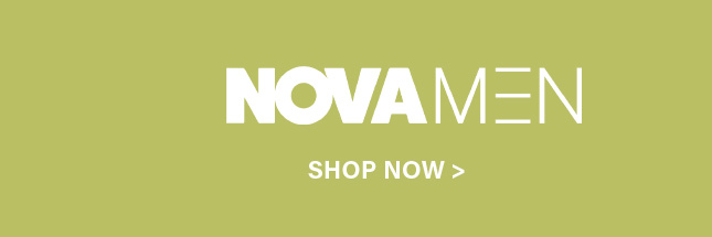 White "NOVAMEN" logo on a light olive green background with "SHOP NOW >" call to action. Explore the new men's fashion collection.