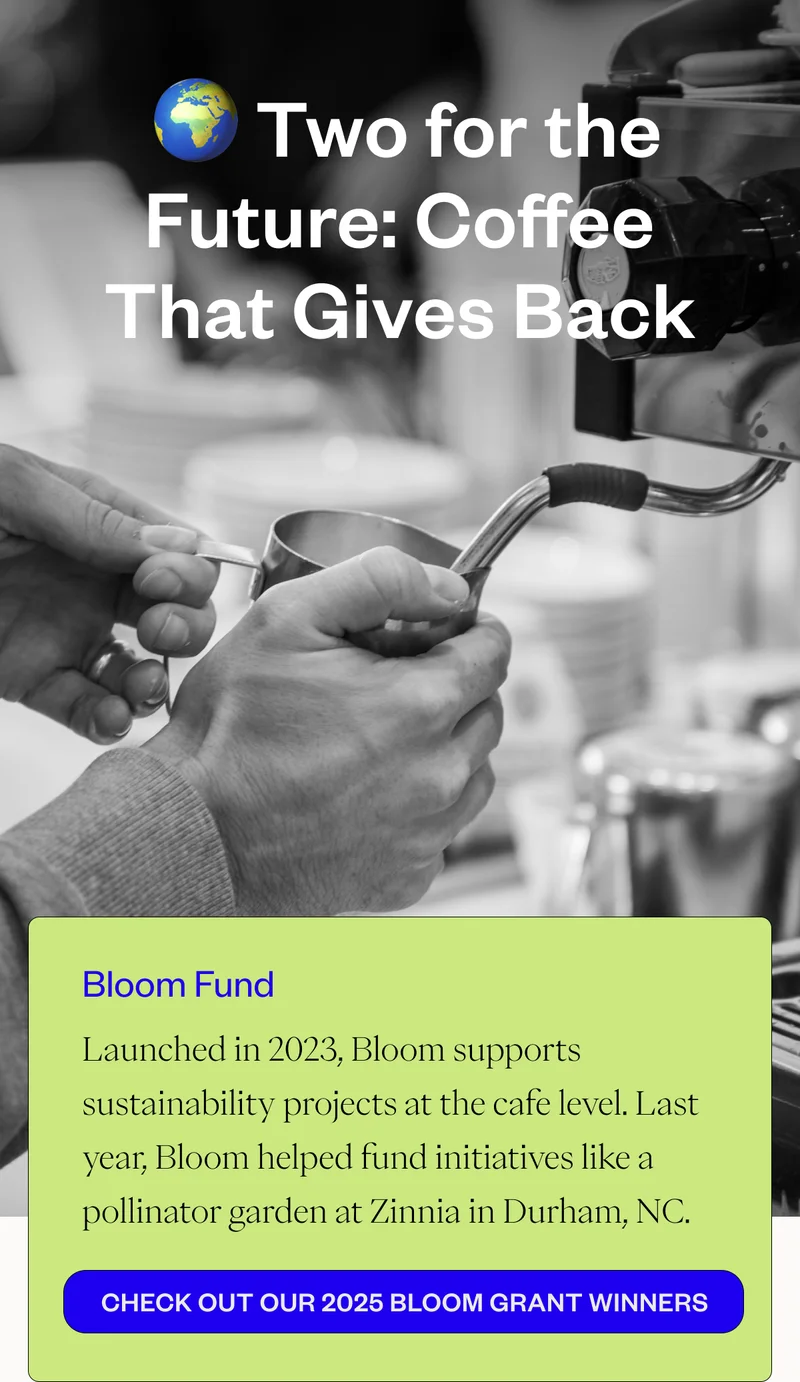Two for the future: Coffee that gives back Bloom FundLaunched in 2023, Bloom supports sustainability projects at the cafe level. Last year, Bloom helped fund initiatives like a pollinator garden at Zinnia in Durham, NC. CTA: Check out our 2025 Bloom Grant Winners Two for the future: Coffee that gives back Bloom FundLaunched in 2023, Bloom supports sustainability projects at the cafe level. Last year, Bloom helped fund initiatives like a pollinator garden at Zinnia in Durham, NC. CTA: Check out our 2025 Bloom Grant Winners