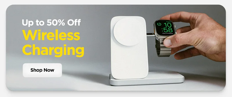 Up to 50% Off, Wireless Charging. Stand One Max charging an Apple Watch Ultra with Titanium Band