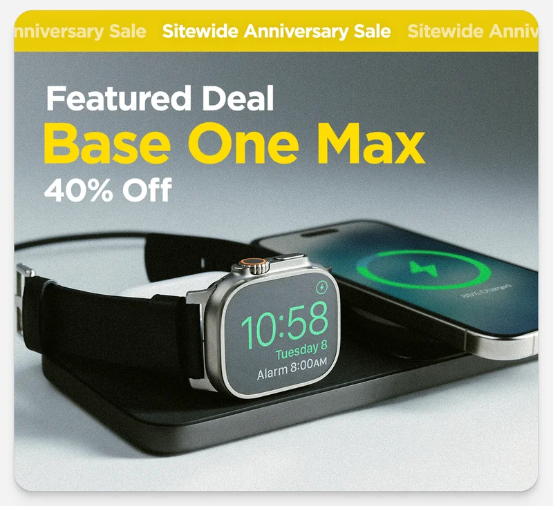 Featured Deal | Base One Max | 40% Off. 3 in 1 fast charging wireless charger in carbide charging Apple Watch, iPhone and AirPods.
