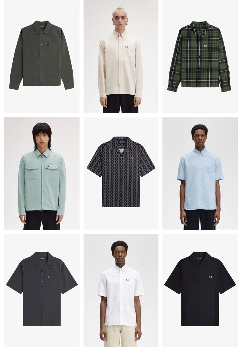 A picture collage of varied Fred Perry shirts, long sleeved and short sleeved.