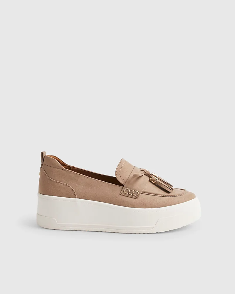 Womens Beige Faux Suede Platform Tassel Trainers