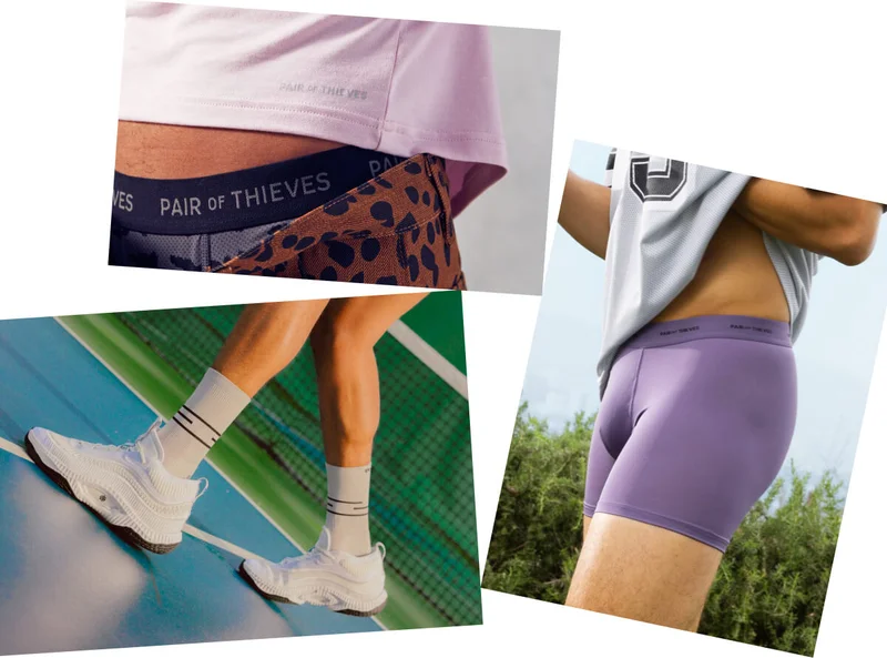 Multiple photos of models in various Pair of Thieves products.
