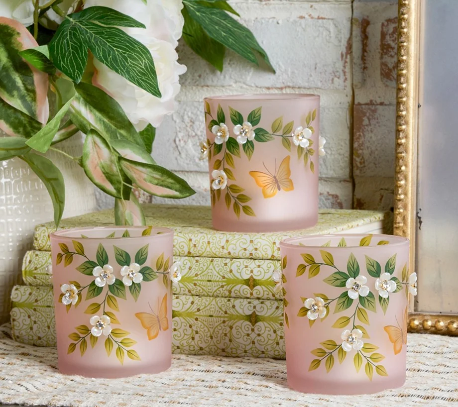 Set of 3 Illuminated Mini Hurricanes w/Pearl Flowers by Valerie