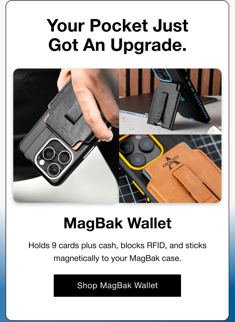 Your Pocket Just Got An Upgrade. MagBak Wallet Holds 9 cards plus cash, blocks RFID, and sticks magnetically to your MagBak case.
