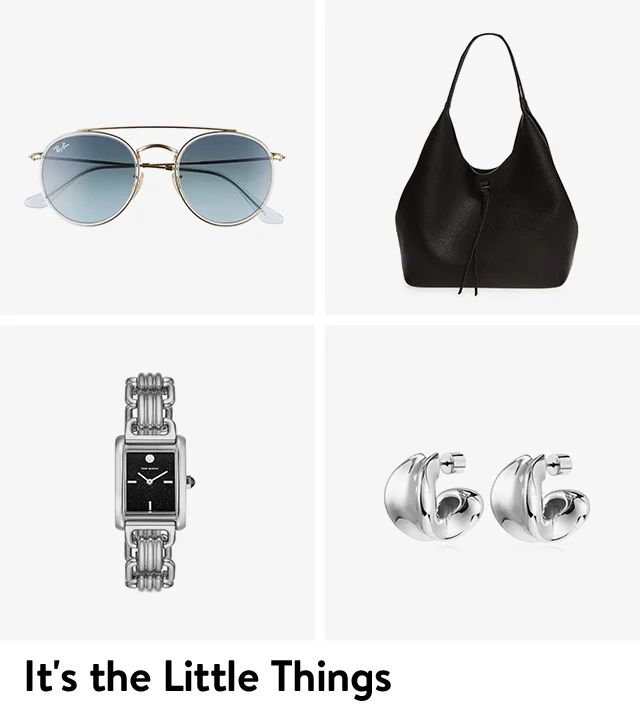 Aviator sunglasses, a black hobo bag, a chain-link bracelet watch, silvertone hoop earrings.