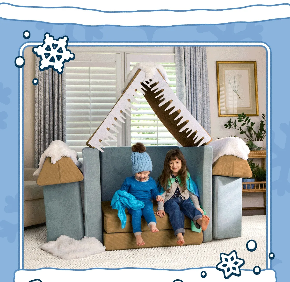 Two children play in a winter lodge inspired build made with Nuggets in the colors Camelot and Surfside.
