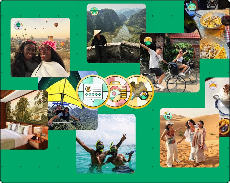 Image Description: Photo collage with multiple photos from people’s trips, from two women posing in front of hot air balloons to a hotel room and dinner table. Different badges appear in each photo, with three big badges at the center of the collage.