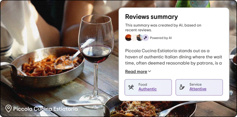 Image Description: A restaurant table with a pasta dish and glass of wine. A review summary overlay in the corner shows highlights from reviews.