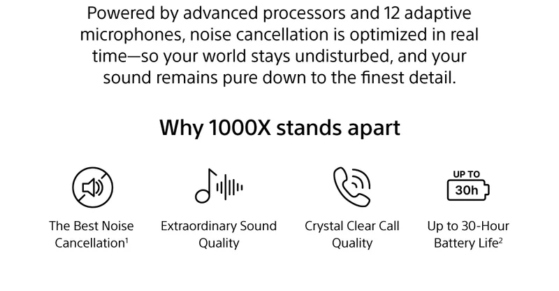 Powered by advanced processors and 12 adaptive microphones, noise cancellation is optimized in real time—so your world stays undisturbed, and your sound remains pure down to the finest detail. Why WH-1000X stands apart: The Best Noise Cancellation1 Extraordinary Sound Quality Crystal Clear Call Quality Up to 30-Hour Battery Life2 Discover more in the 1000X family