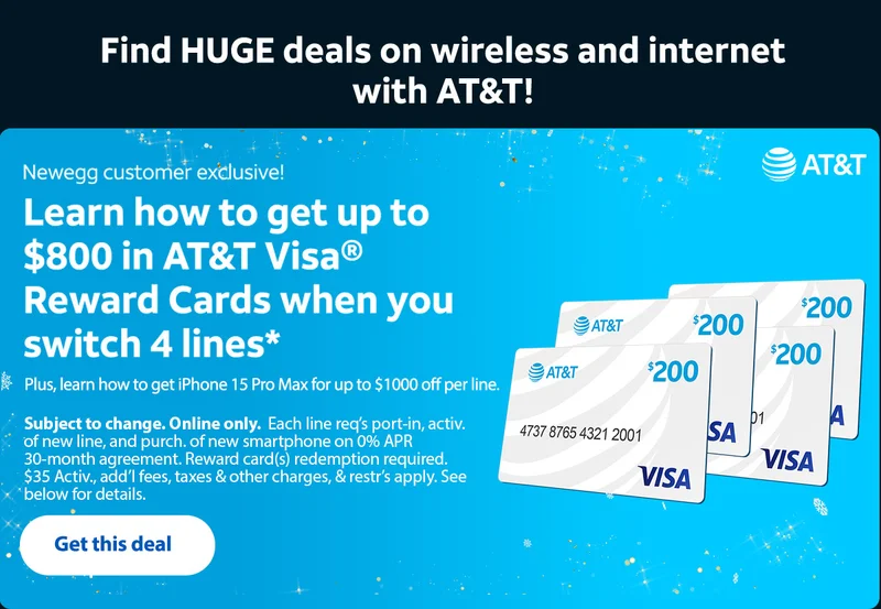 Learn how to get up to $800 in AT&T Visa® Reward Cards when you switch 4 lines