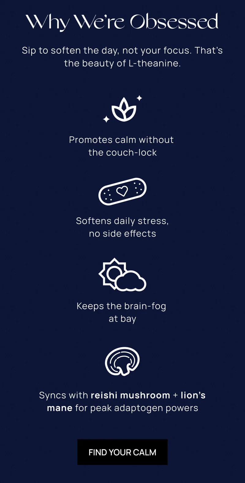 Why We’re Obsessed | Sip to soften the day, not your focus. That’s the beauty of L-theanine. | FIND YOUR CALM