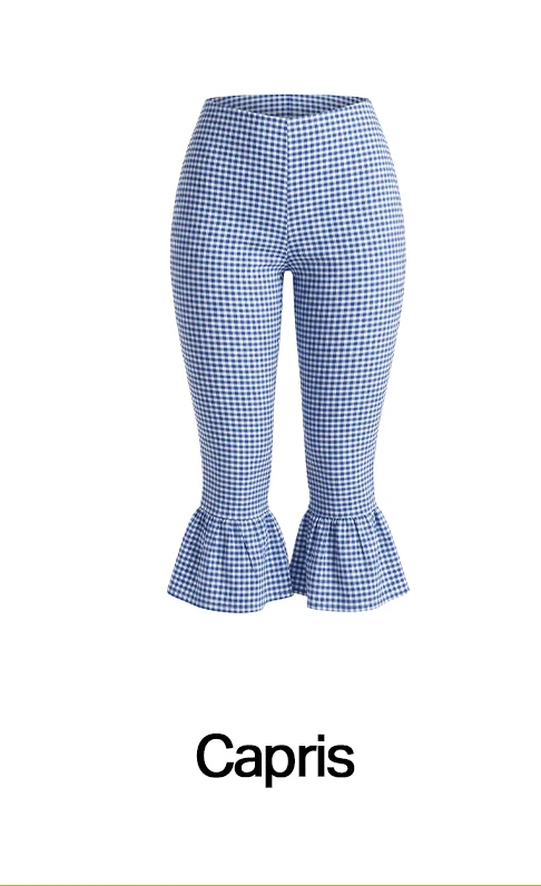 Blue and white gingham ruffled capri pants for women.