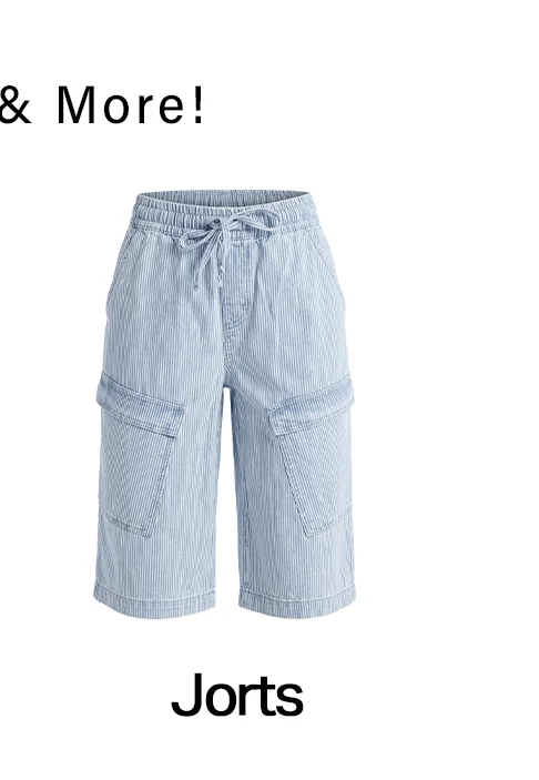 Light blue pinstripe cargo jorts with drawstring waist.