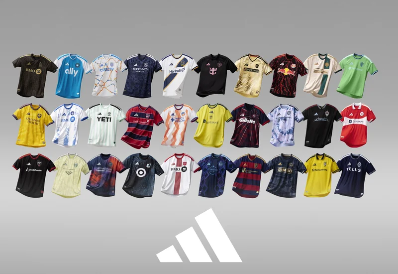 Selection of 30 MLS Jerseys floating over a grey background.