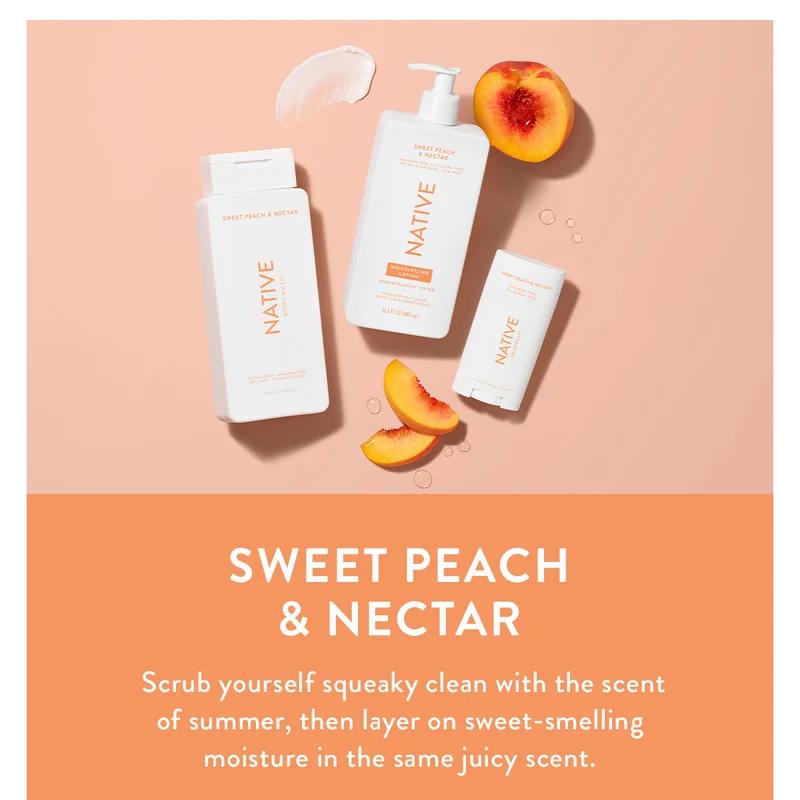 Sweet Peach & Nectar | Scrub yourself squeaky clean with the scent of summer, then layer on sweet-smelling moisture in the same juicy scent.
