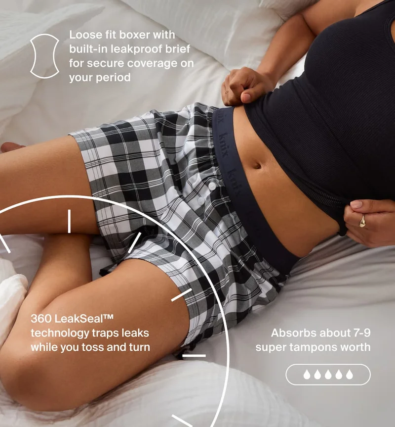 Loose fit boxer with built-in leakproof brief for secure coverage on your period. 360 LeakSeal™ technology traps leaks while you toss and turn. Absorbs about 7-9 super tampons worth.