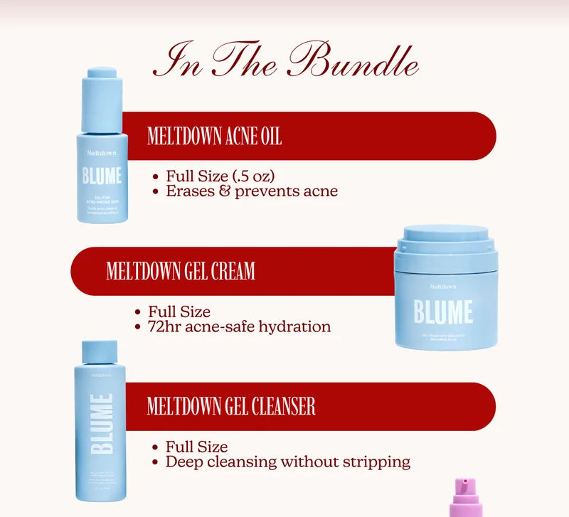 In the Bundle [Meltdown Acne Oil: Full Size (.5 oz) | Erases & prevents acne] [Meltdown Gel Cream: Full Size | 72hr acne-safe hydration] [Meltdown Gel Cleanser: Full Size | Deep cleansing without stripping]