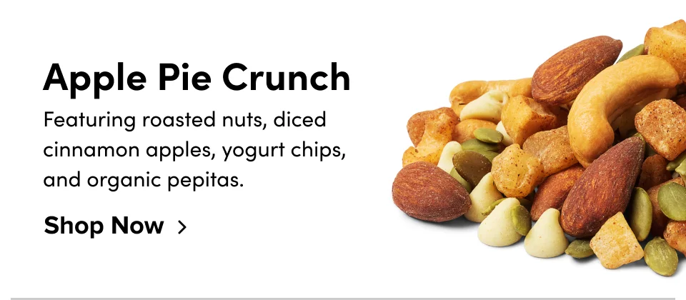 Apple Pie Crunch – Featuring roasted nuts, diced cinnamon apples, yogurt chips, and organic pepitas; Shop now