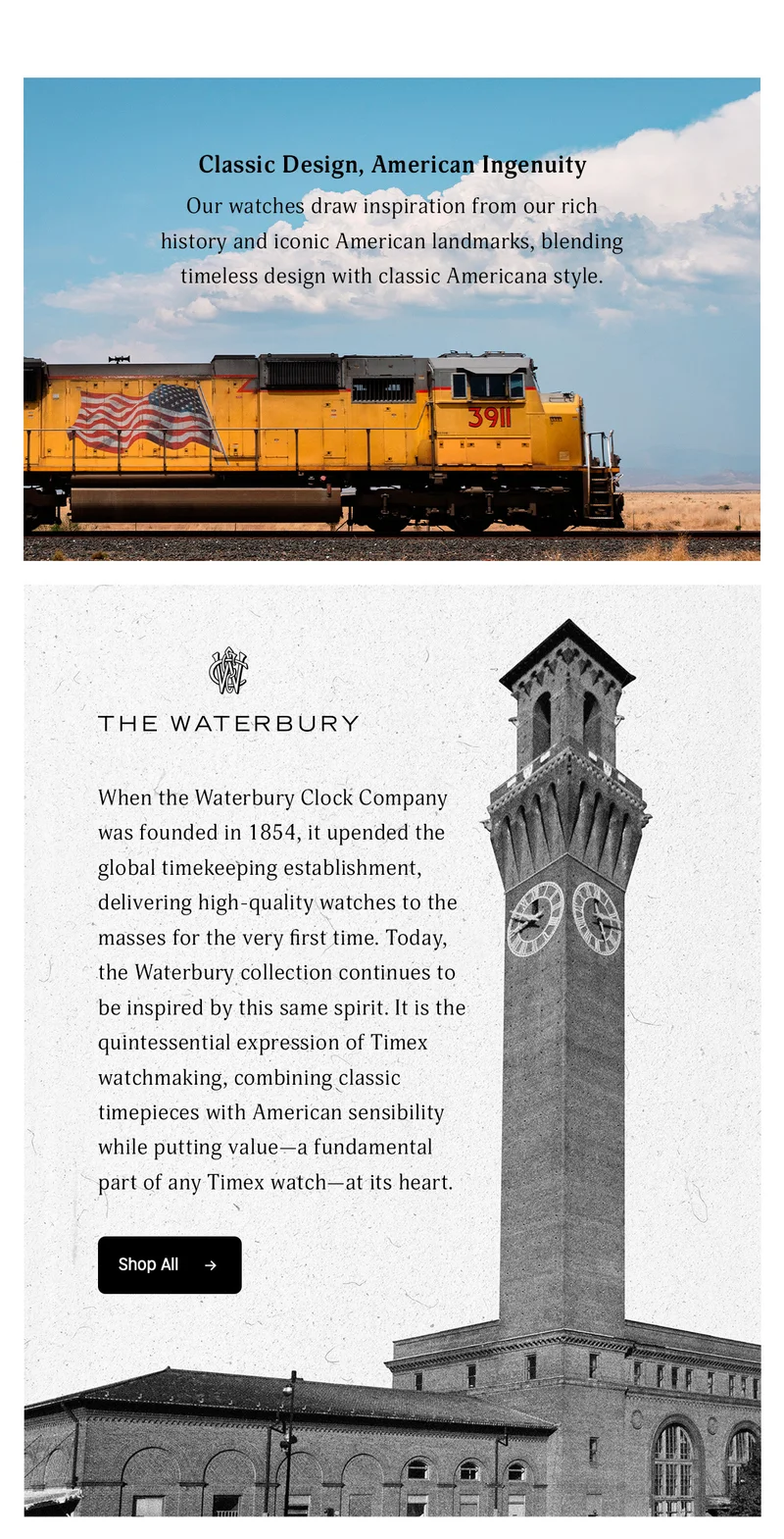 Classic Design, American Ingenuity | Our watches draw inspiration from our rich history and iconic American landmarks blending timeless design with classic American style. | THE WATERBURY | When the Waterbury Clock Company was founded in 1854, it upended the global timekeeping establishment, delivering high-quality  watches to the masses for the very first time. Today, the Waterbury...