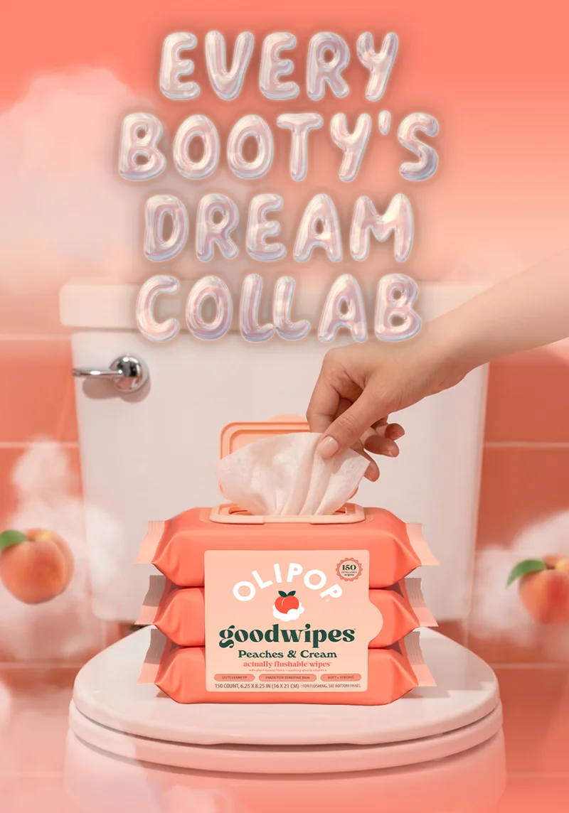 Peaches & Cream? More like Peaches & Clean. We teamed up with goodwipes to treat your peach to a very sweet treat: flushable wipes, peachy scent. You could say it’s our cheekiest collab yet... And on a totally unrelated topic... Happy April Fools’ Day!