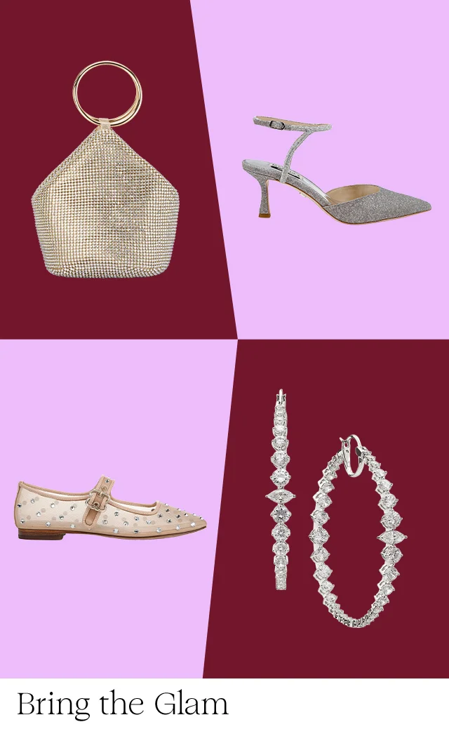 Sparkly bag, heel, flat and earrings.
