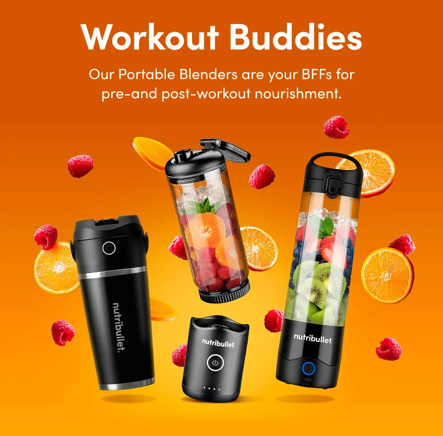Three nutribullet personal blenders with fruit-filled backgrounds on an orange gradient.