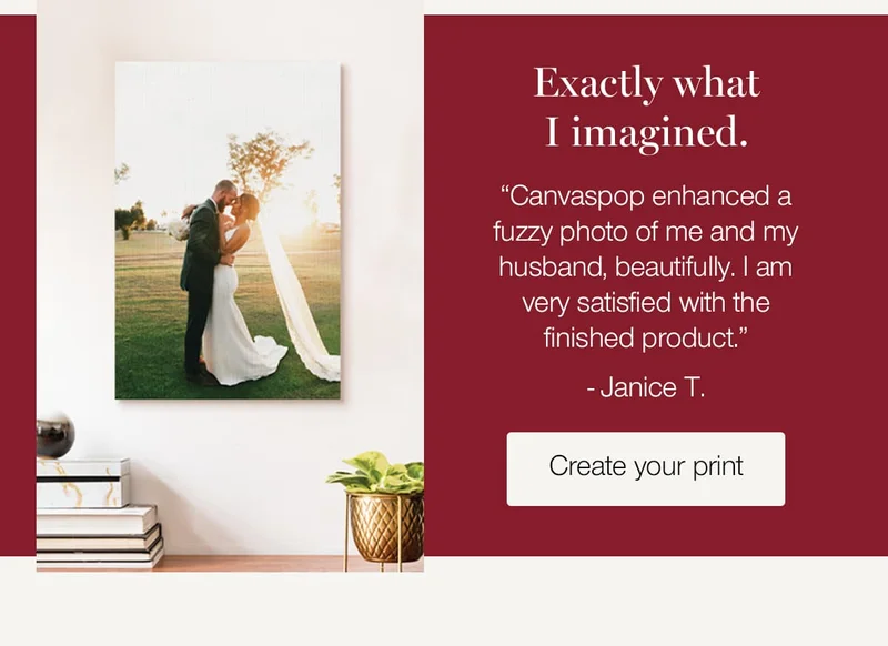 Exactly what I imagined. "Canvaspop enhanced a fuzzy photo of me and my husband, beautifully. I am very satisfied with the finished product." - Janice T.