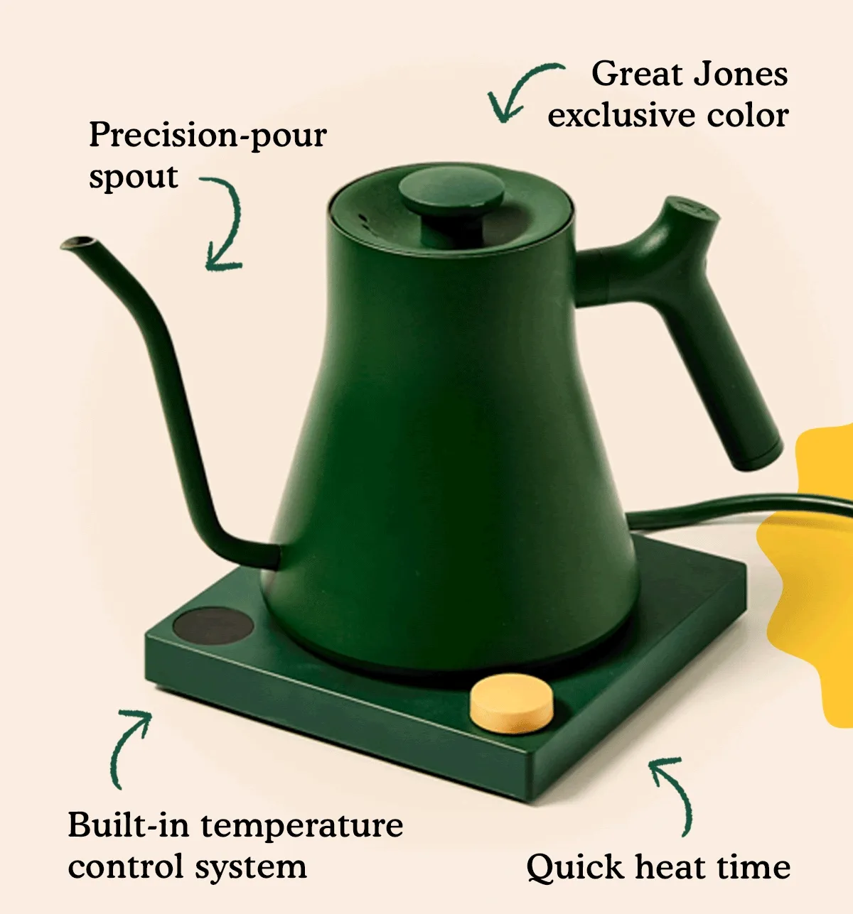 Built-in temperature control system; Quick heat time Great Jones exclusive color