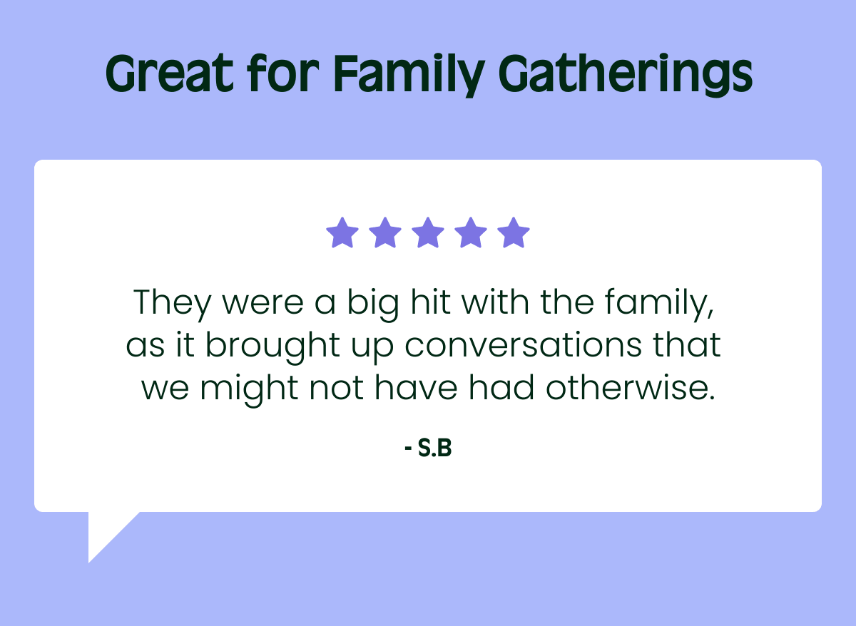 Great for Family Gatherings They were a big hit with the family, as it brought up conversations that we might not have had otherwise. - S.B