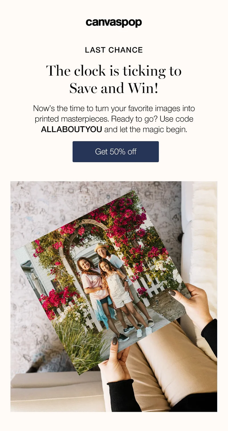 Last chance. The click is ticking to Save and Win! Now's the time to turn your favorite images into printed masterpieces. Ready to go? Use code discount code and let the magic begin.