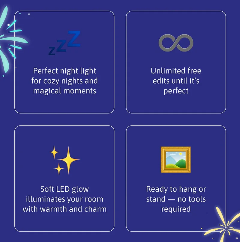 💤 Perfect night light for cozy nights and magical moments  ♾️ Unlimited free edits until it’s perfect  ✨ Soft LED glow illuminates your room with warmth and charm  🖼️ Ready to hang or stand — no tools required