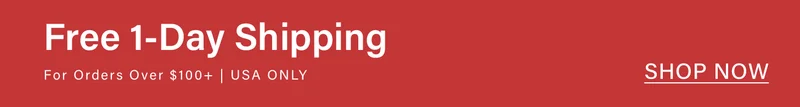 Red banner promoting Free 1-Day Shipping on orders over $100 (USA only) with a "Shop Now" button to explore deals.