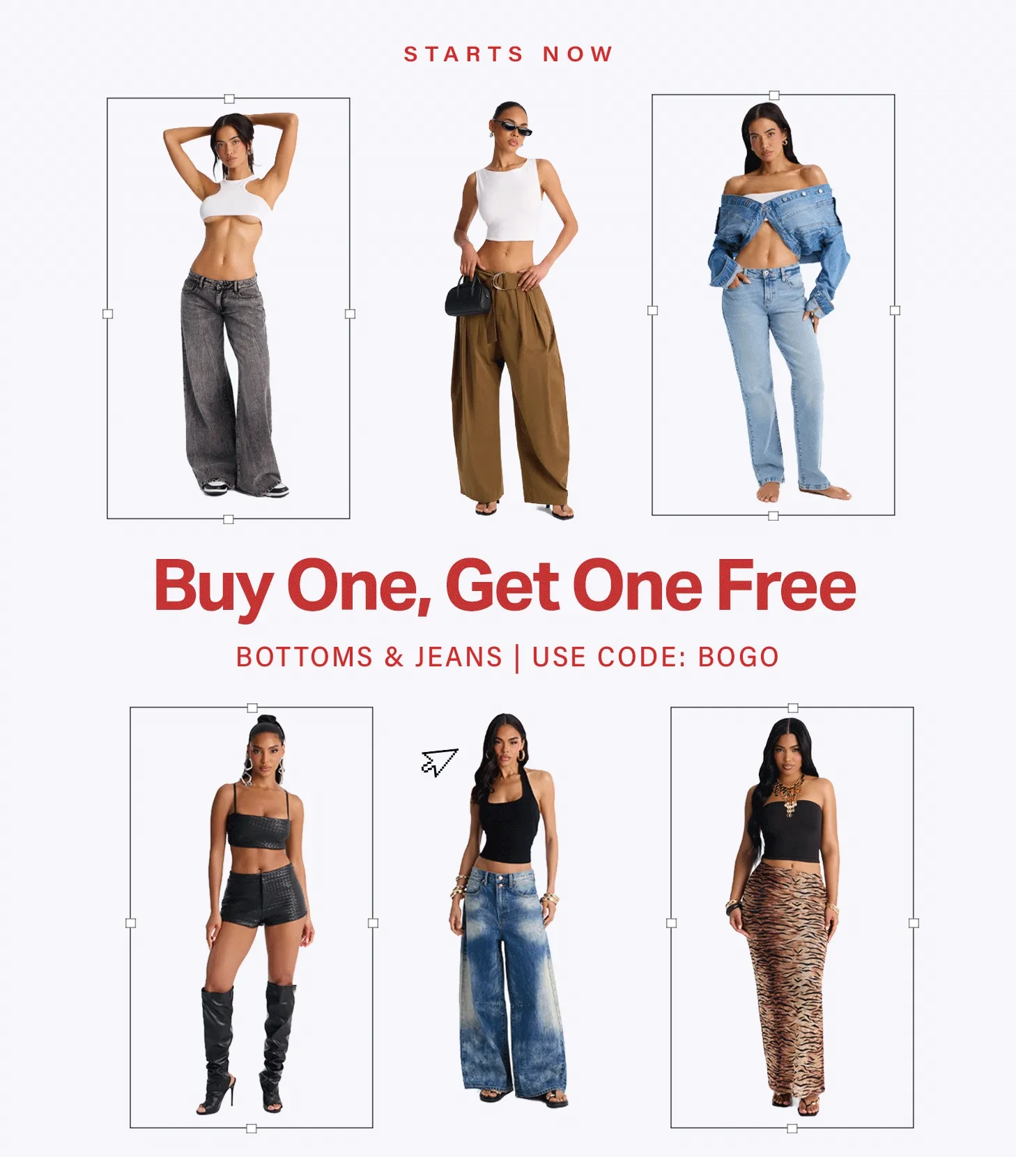 Shop the discount code sale on bottoms & jeans! Models wear stylish wide-leg jeans, brown pants, light denim, black shorts, and a tiger print skirt.
