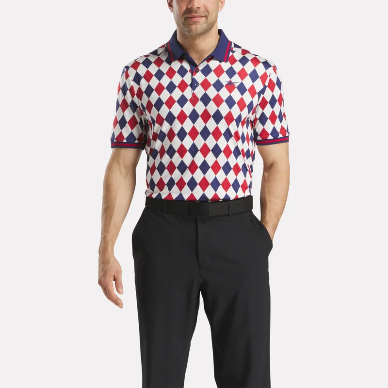Image of Men's Short Sleeve Vector Argyle Print Polo Shirt with Tipped Rib Trim