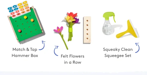 Toys for handwriting: Match & Tap Hammer Box, Felt Flowers in a Row, Squeaky Clean Squeegee Set