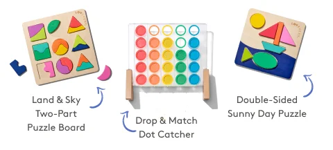 Toys for recognizing letters: Land & Sky Two-Part Puzzle Board, Drop & Match Dot Catcher, Double-Sided Sunny Day Puzzle
