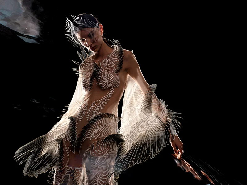 Model wearing translucent, sculptural garment with rib-like forms against a black background